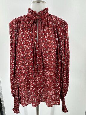 Max Studio Floral Peasant Blouse Tie Ruffle Pleats Boho Revival Red Small